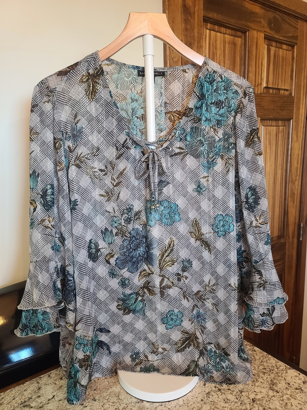 Sara Michelle Gray Checked Blouse with Teal and Brown Floral Print